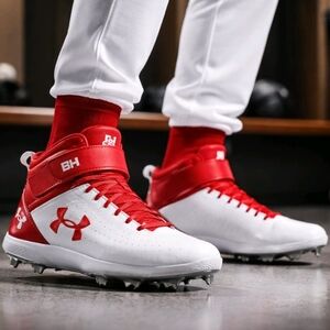 Under Armour Men's Red and White Athletic Shoes Baseball Cleats 11.5